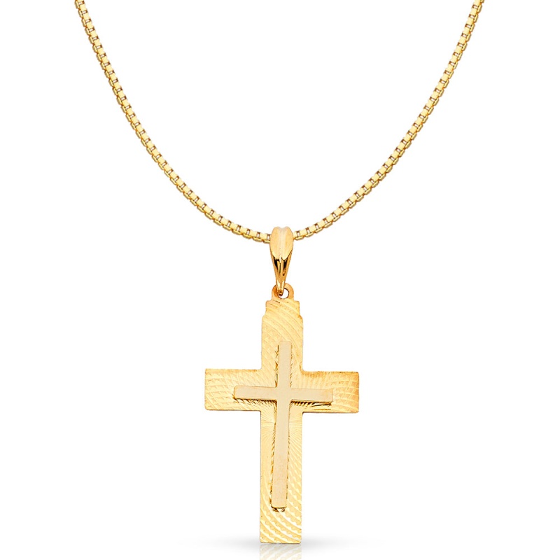 14K Gold Religious Cross Charm Pendant With 0.8Mm Box Chain Necklace