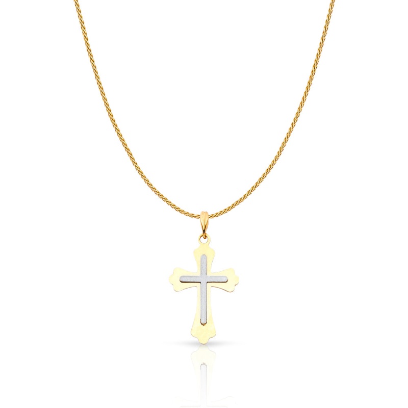 14K Gold Cross Charm Pendant With 0.9Mm Wheat Chain Necklace