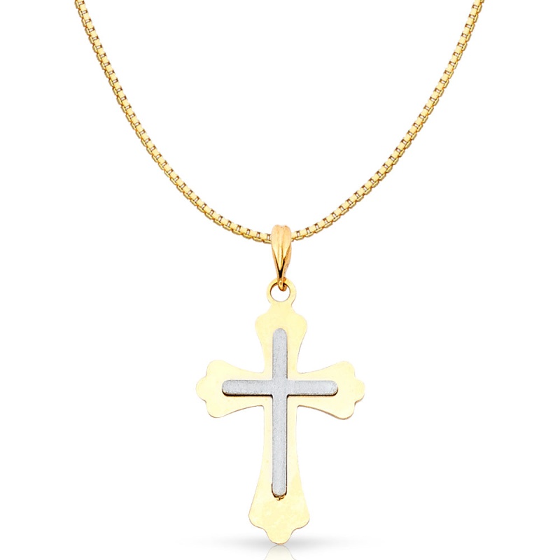 14K Gold Religious Cross Charm Pendant With 0.8Mm Box Chain Necklace - 16