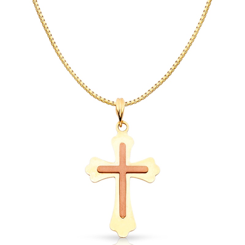 14K Gold Religious Cross Charm Pendant With 0.8Mm Box Chain Necklace