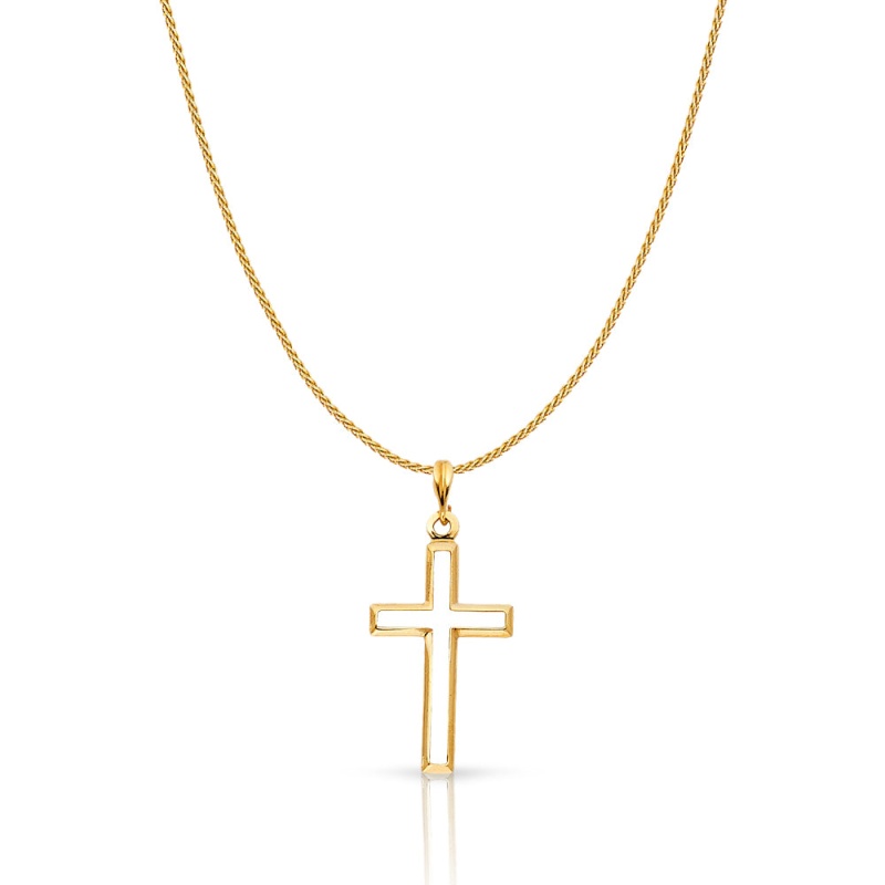 14K Gold Opening Cross Charm Pendant With 0.9Mm Wheat Chain Necklace