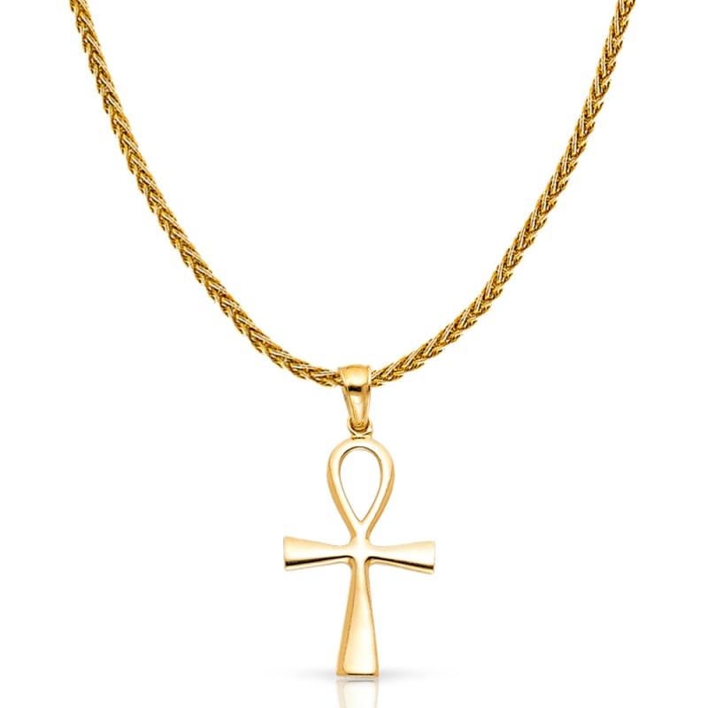 14K Gold Egyptian Ankh Cross Charm Pendant With 1.4Mm Round Wheat Chain Necklace