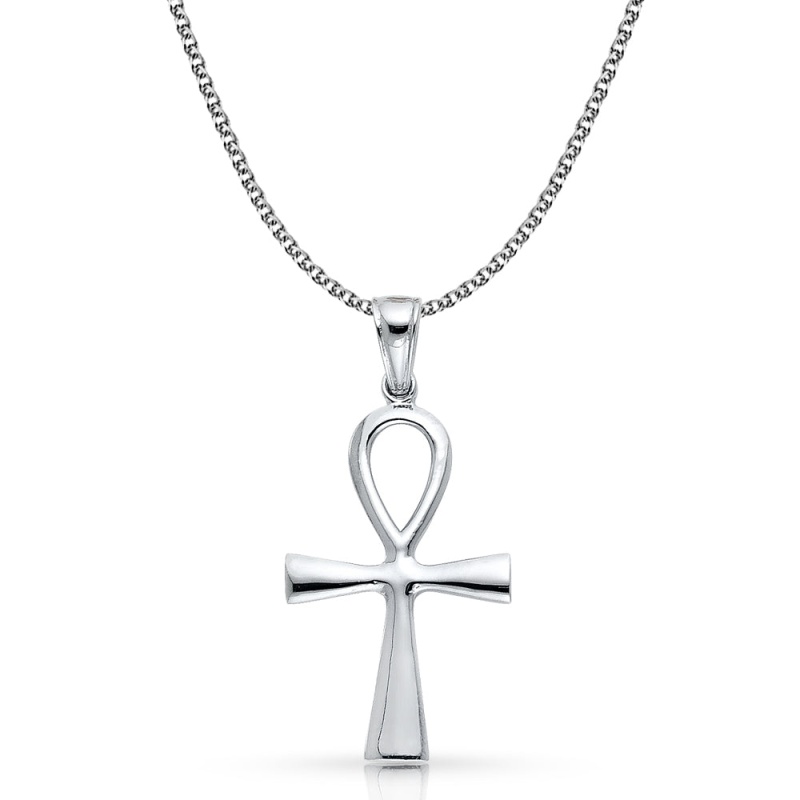 14K White Gold Egyptian Ankh Cross Charm Pendant With 1.7Mm Flat Open Wheat Chain Necklace