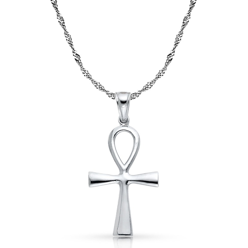 14K White Gold Egyptian Ankh Cross Charm Pendant With 1.8Mm Singapore Chain Necklace