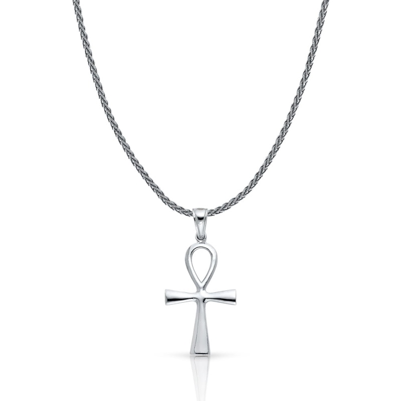 14K Gold Egyptian Ankh Cross Charm Pendant With 1.4Mm Round Wheat Chain Necklace