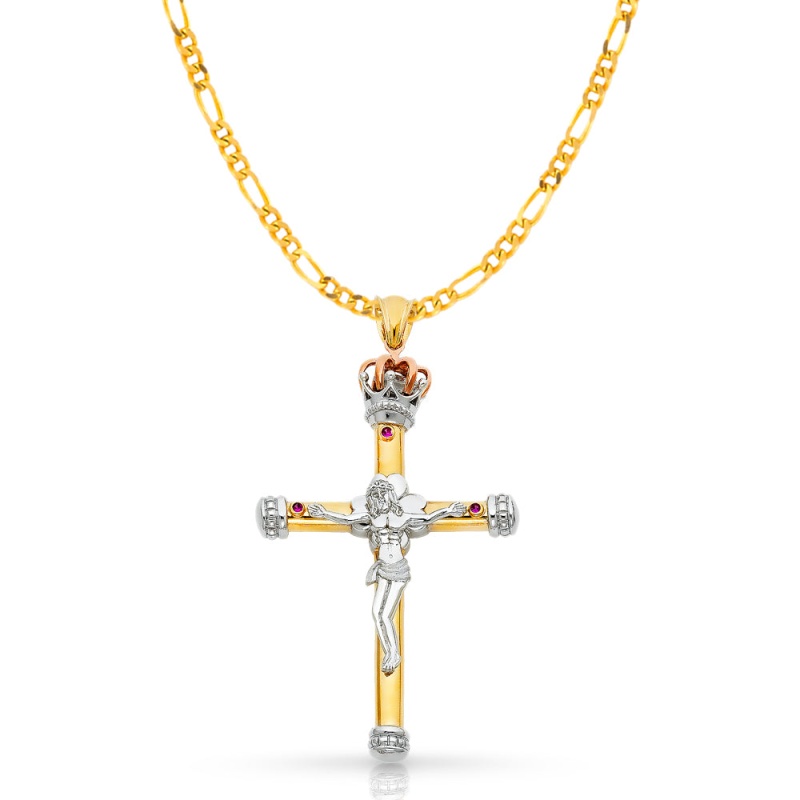 14K Gold Crucifix Pendant With 3.8Mm Figaro 3+1 Chain