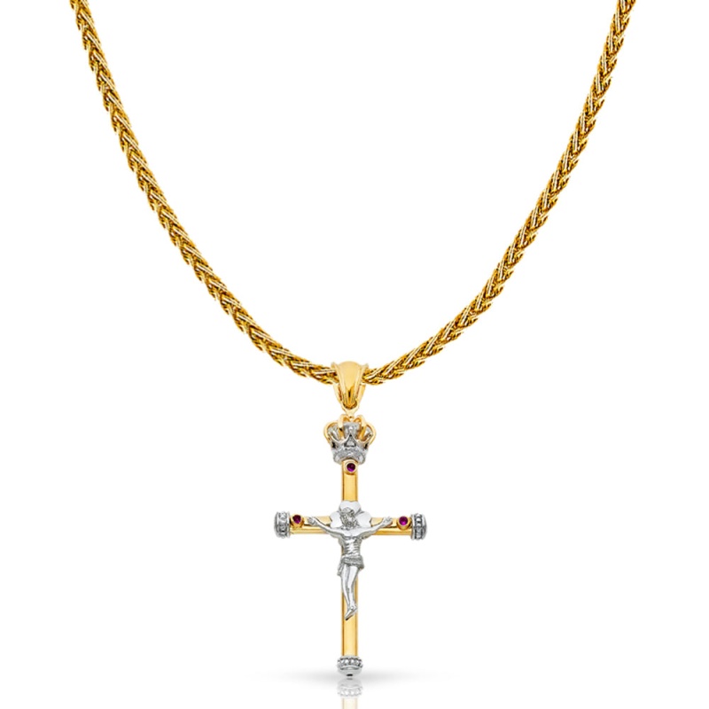 14K Gold Crucifix Charm Pendant With 1.4Mm Round Wheat Chain Necklace