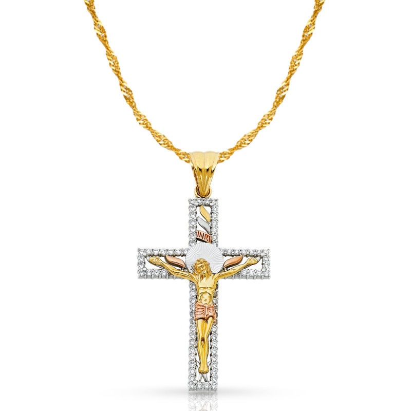14K Gold Cz Crucifix Pendant With 1.8Mm Singapore Chain