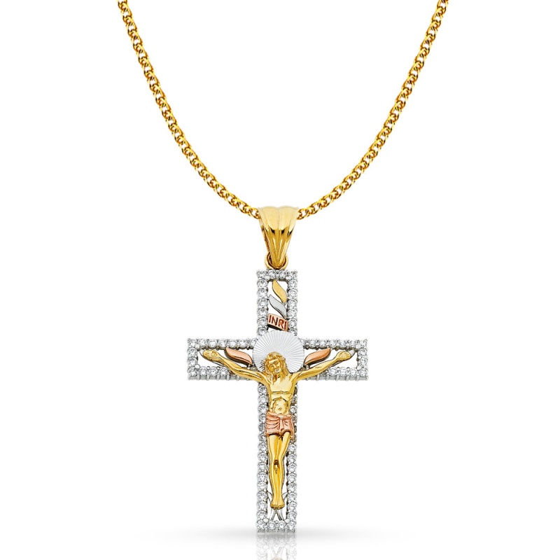 14K Gold Cz Crucifix Pendant With 2Mm Flat Open Wheat Chain