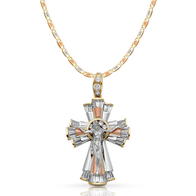 14K Gold Cz Crucifix Pendant With 4.2Mm Valentino Star Diamond Cut Chain