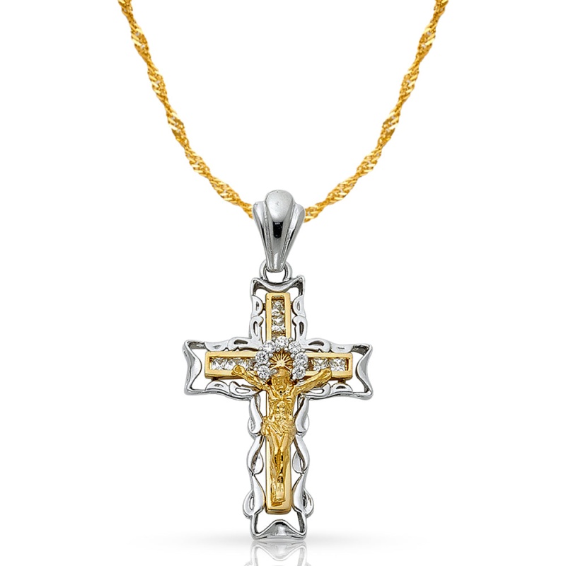 14K Gold Cz Crucifix Pendant With 1.2Mm Singapore Chain