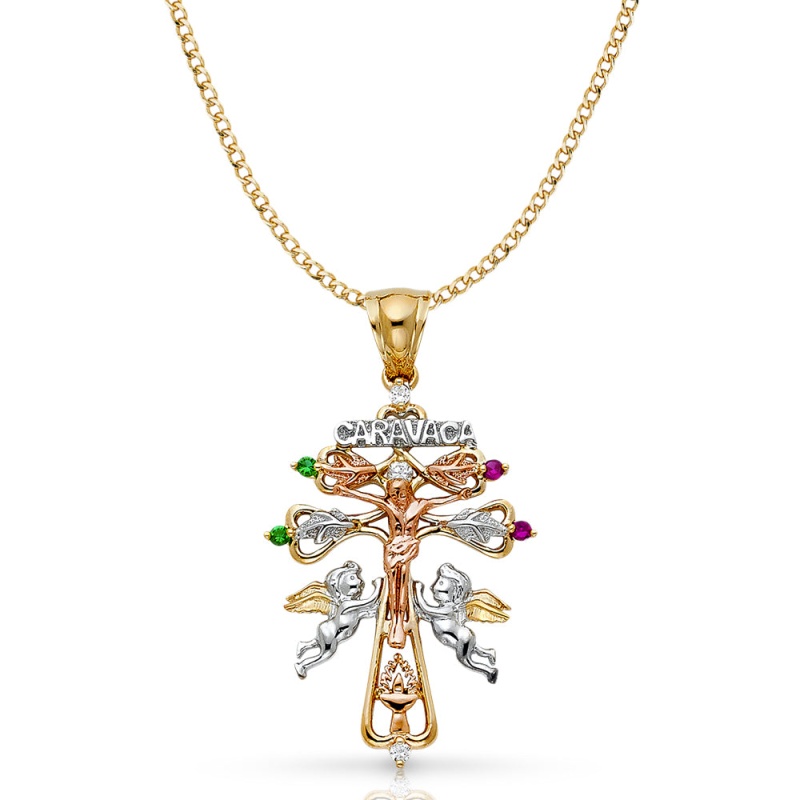 14K Gold Cz Cross Of Caravaca Pendant With 3.4Mm Hollow Cuban Chain