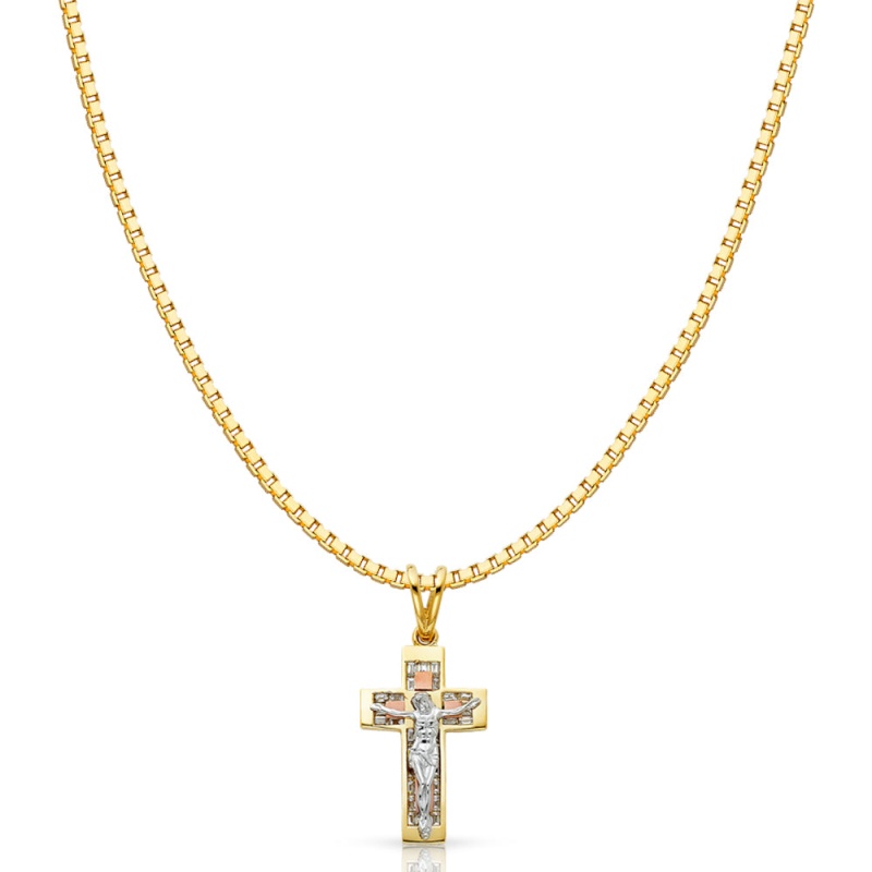 14K Gold Cz Religious Crucifix Charm Pendant With 1.2Mm Box Chain Necklace