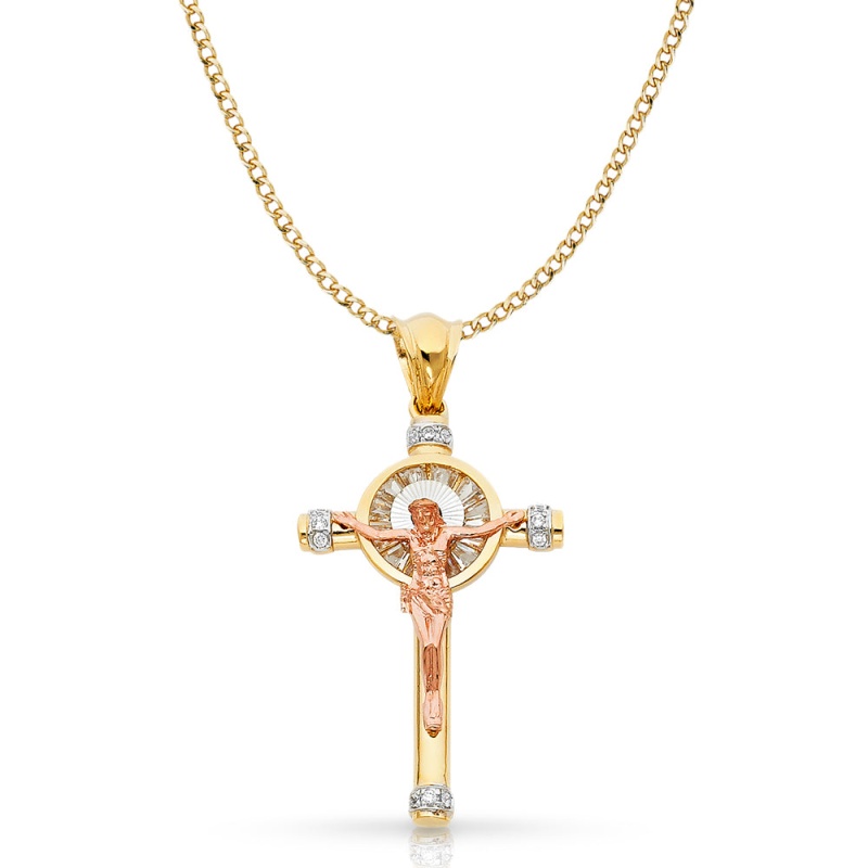 14K Gold Cz Crucifix Pendant With 3.4Mm Hollow Cuban Chain