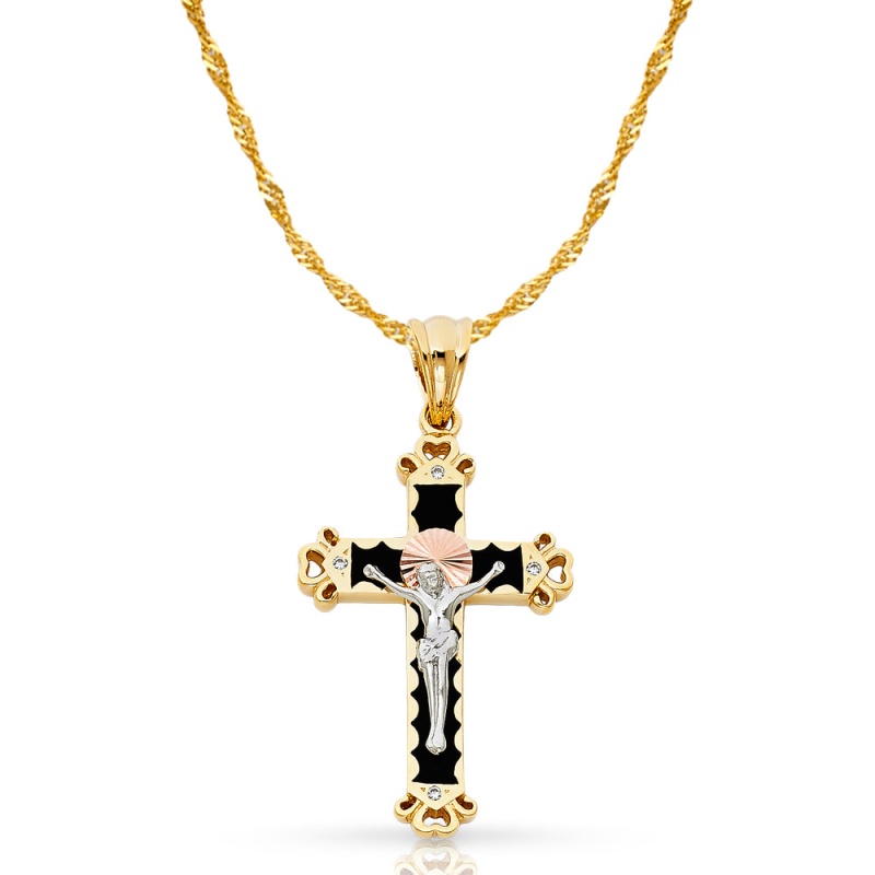 14K Gold Cz Crucifix Pendant With 1.8Mm Singapore Chain