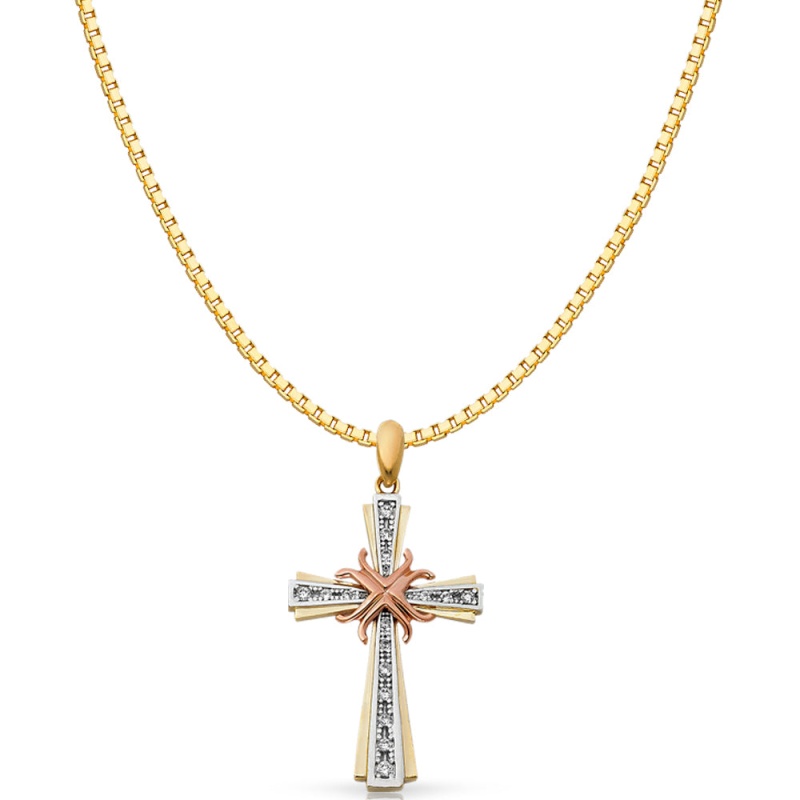 14K Gold Cz Religious Cross Charm Pendant With 1.2Mm Box Chain Necklace