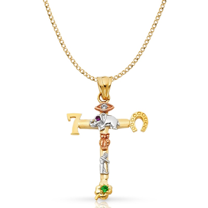 14K Gold Lucky Cross Pendant With 3.4Mm Hollow Cuban Chain