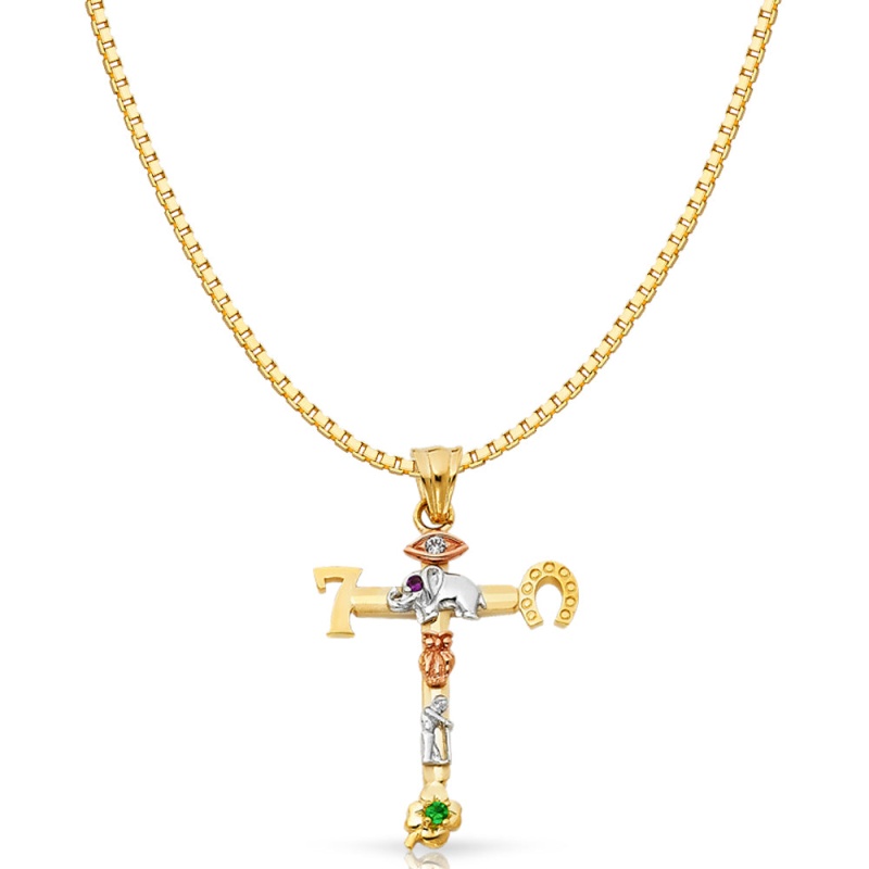 14K Gold Lucky Religious Cross Charm Pendant With 1.2Mm Box Chain Necklace
