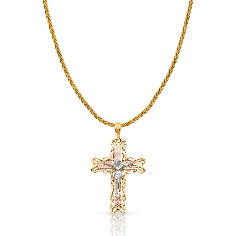 14K Gold Crucifix Charm Pendant With 1.4Mm Round Wheat Chain Necklace