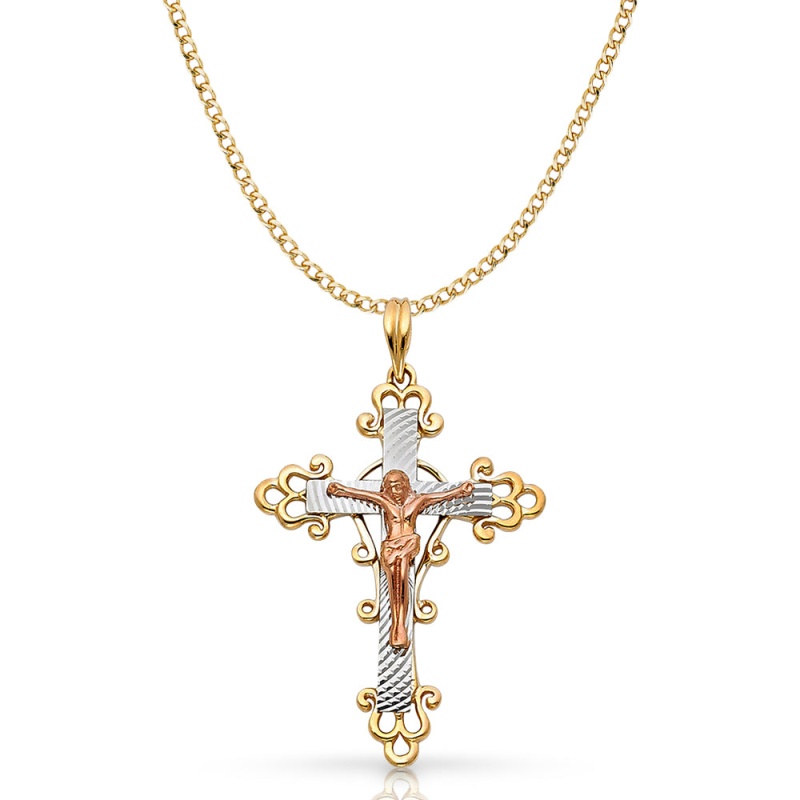 14K Gold Crucifix Pendant With 3.4Mm Hollow Cuban Chain