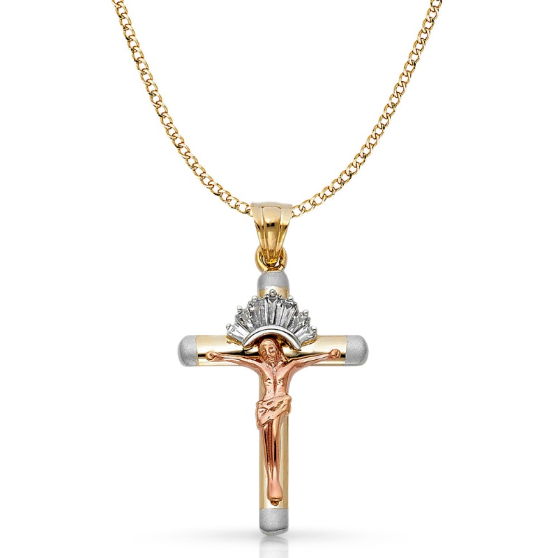 14K Gold Cz Crucifix Pendant With 3.4Mm Hollow Cuban Chain