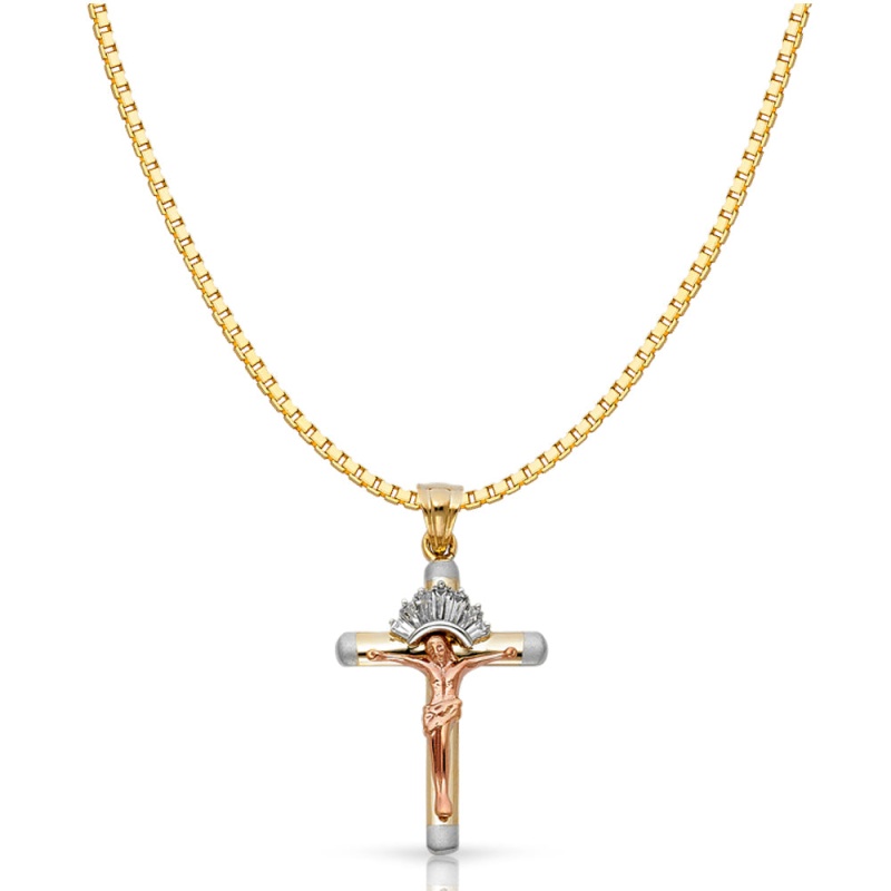 14K Gold Cz Religious Crucifix Charm Pendant With 1.2Mm Box Chain Necklace