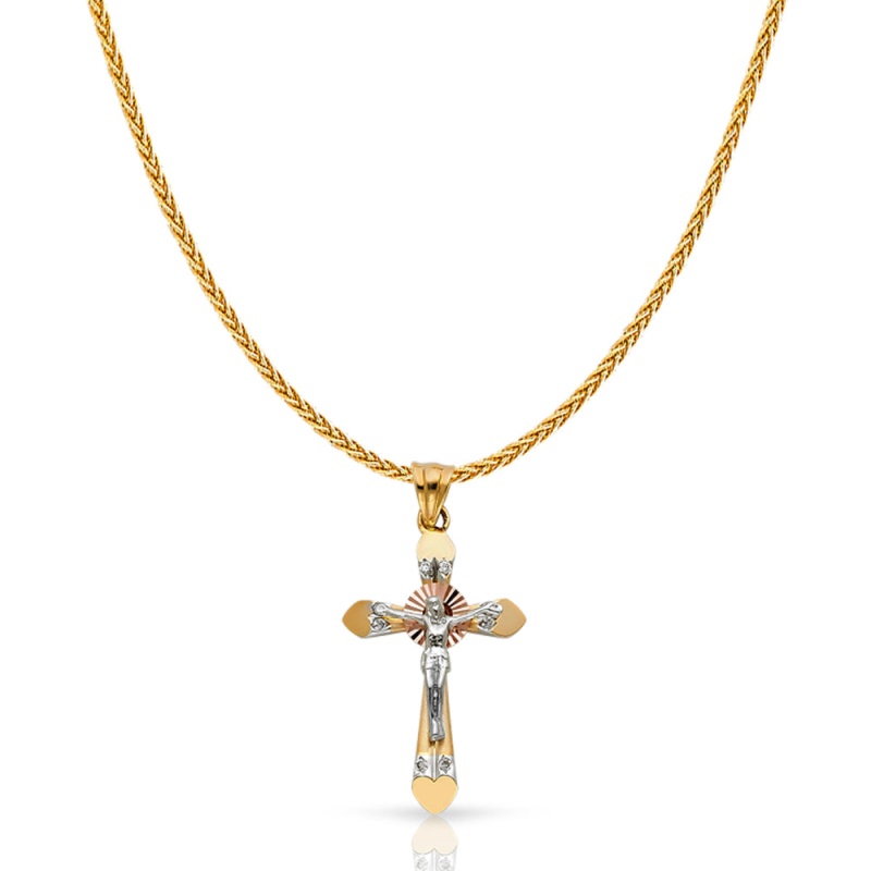 14K Gold Cz Crucifix Charm Pendant With 1.1Mm Wheat Chain Necklace
