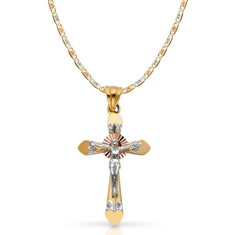 14K Gold Cz Crucifix Pendant With 3.3Mm Valentino Star Diamond Cut Chain