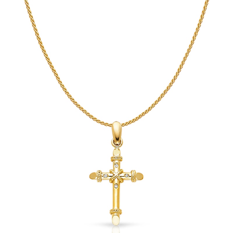 14K Gold Cross Charm Pendant With 0.9Mm Wheat Chain Necklace