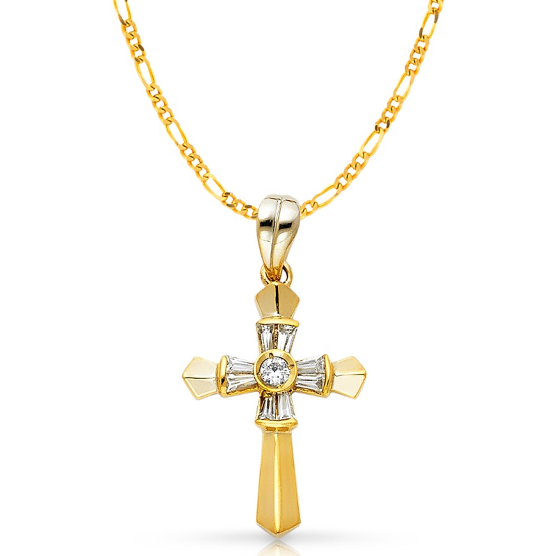 14K Gold Cz Cross Charm Pendant With 2.3Mm Figaro 3+1 Chain Necklace