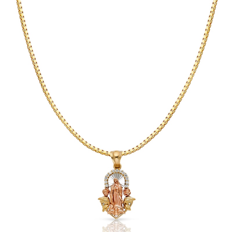 14K Gold Cz Religious Guadalupe Charm Pendant With 1.2Mm Box Chain Necklace
