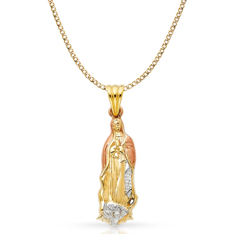 14K Gold Cz Guadalupe Pendant With 3.4Mm Hollow Cuban Chain