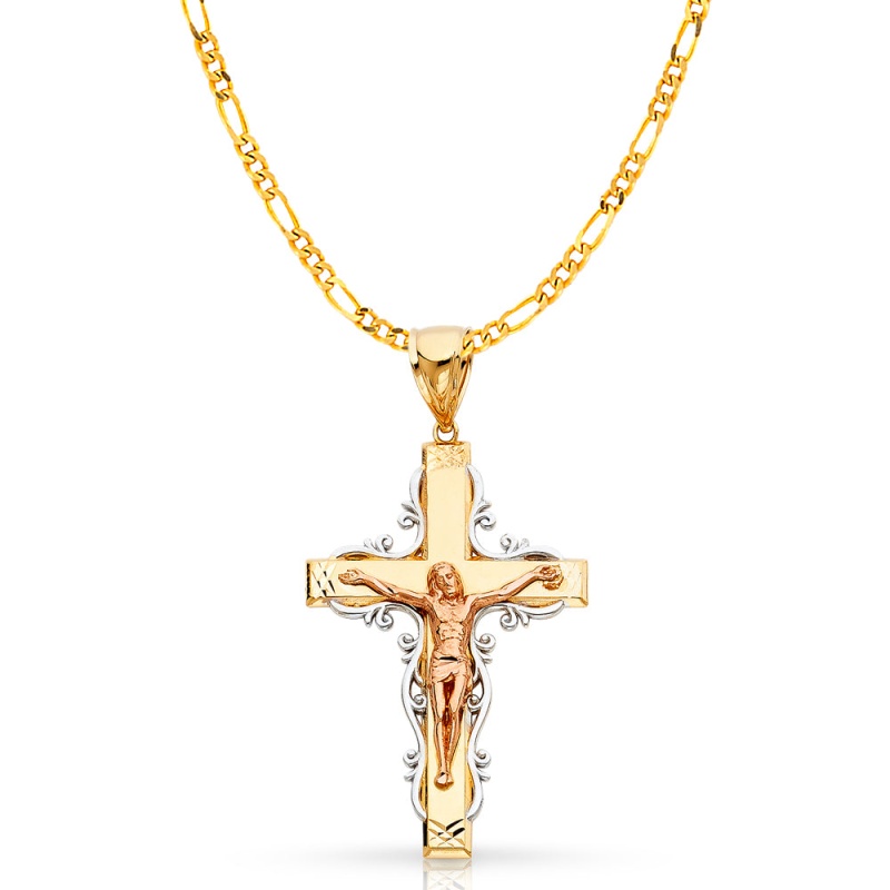 14K Gold Crucifix Pendant With 3.8Mm Figaro 3+1 Chain