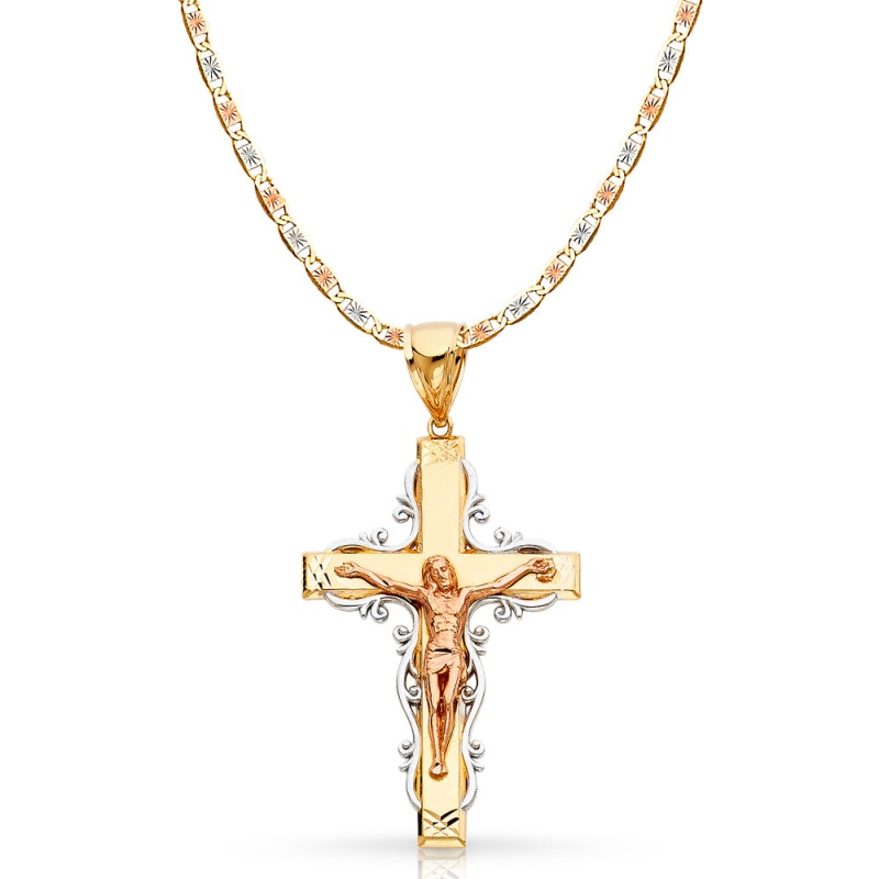 14K Gold Crucifix Pendant With 4.2Mm Valentino Star Diamond Cut Chain