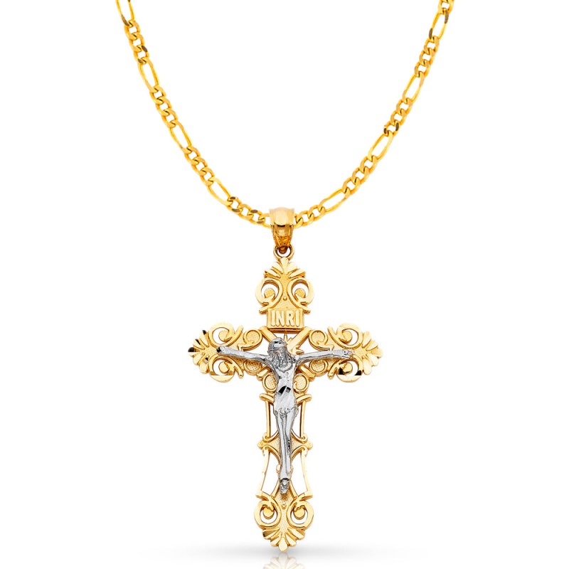 14K Gold Crucifix Charm Pendant With 3.8Mm Figaro 3+1 Chain Necklace
