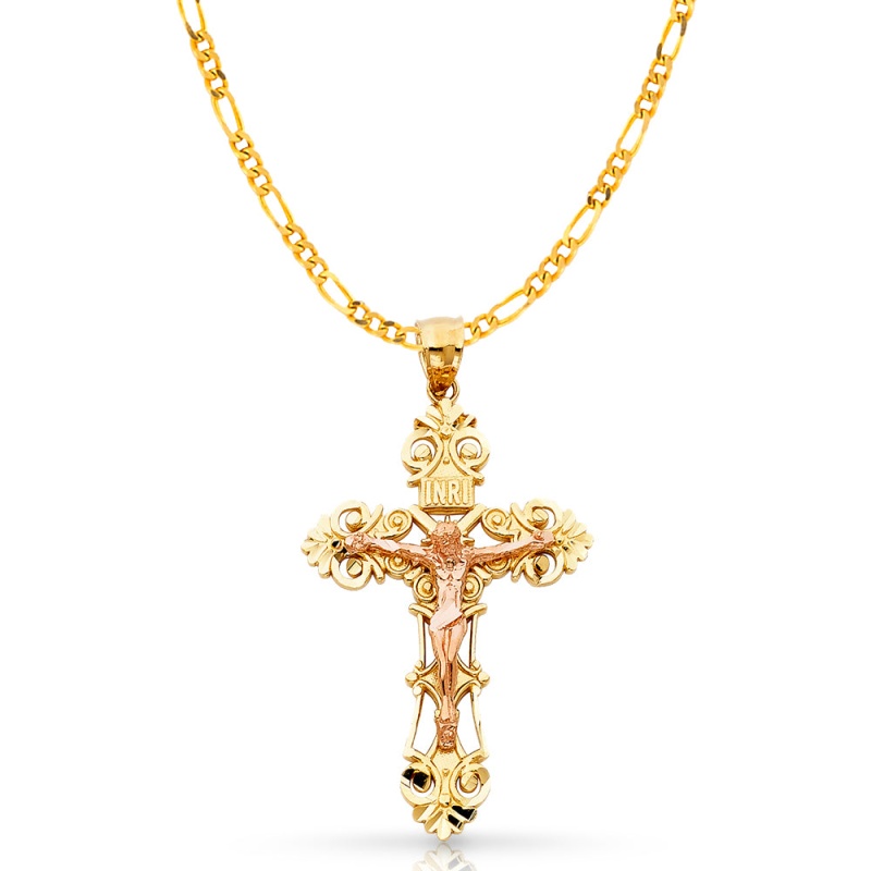14K Gold Crucifix Charm Pendant With 3.1Mm Figaro 3+1 Chain Necklace