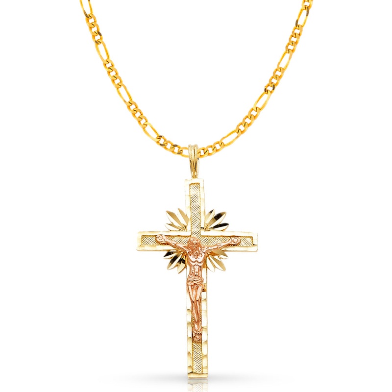 14K Gold Crucifix Charm Pendant With 3.1Mm Figaro 3+1 Chain Necklace