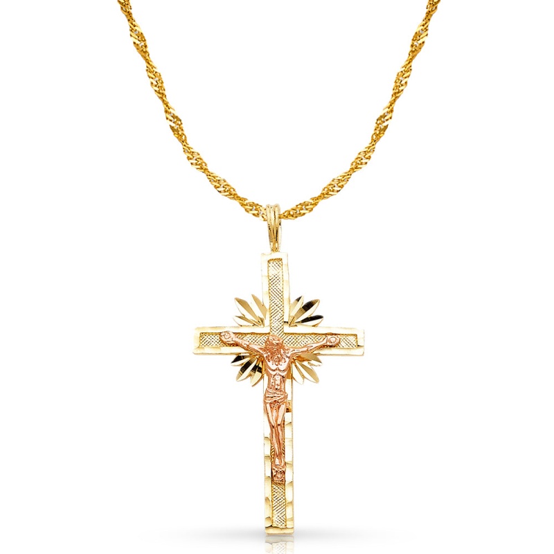 14K Gold Crucifix Charm Pendant With 1.8Mm Singapore Chain Necklace