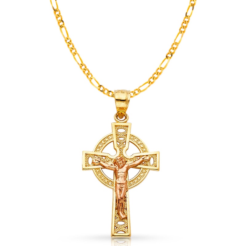 14K Gold Crucifix Charm Pendant With 3.1Mm Figaro 3+1 Chain Necklace