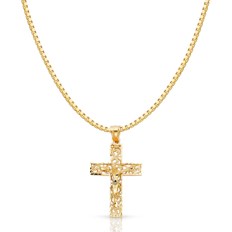 14K Gold Religious Crucifix Charm Pendant With 1.2Mm Box Chain Necklace