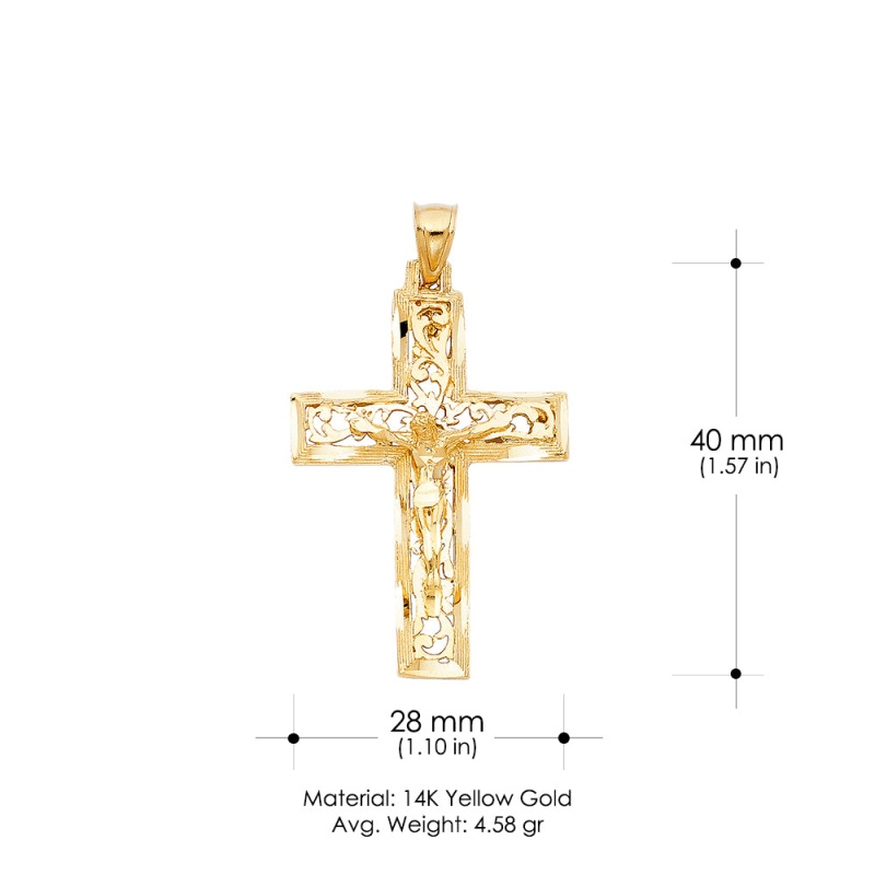 14K Gold Crucifix Charm Pendant With 1.4Mm Round Wheat Chain Necklace