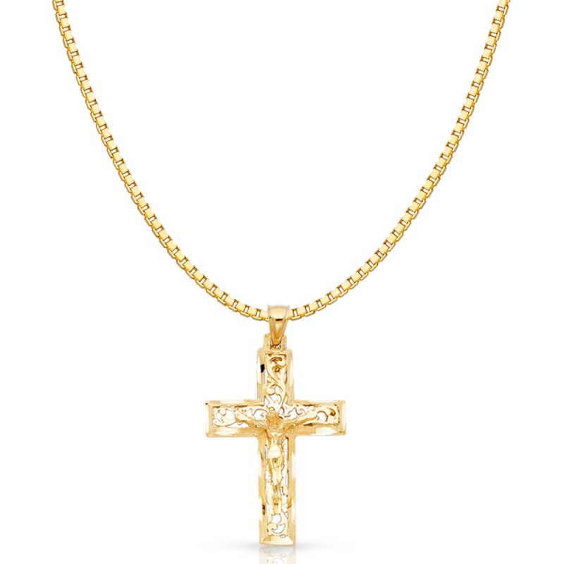 14K Gold Religious Crucifix Charm Pendant With 1.2Mm Box Chain Necklace
