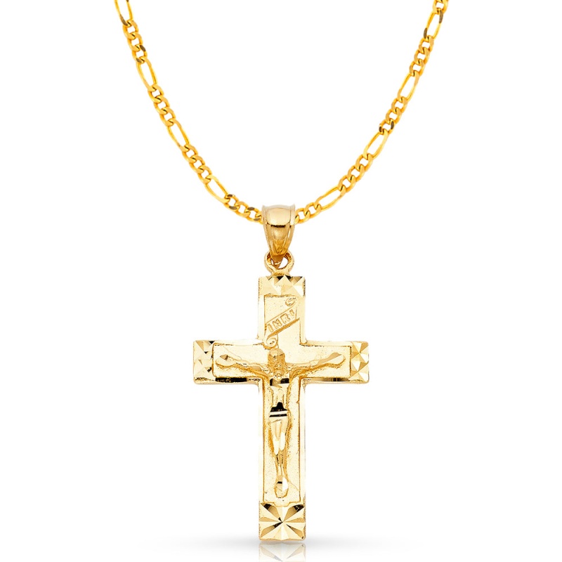 14K Gold Crucifix Charm Pendant With 3.1Mm Figaro 3+1 Chain Necklace