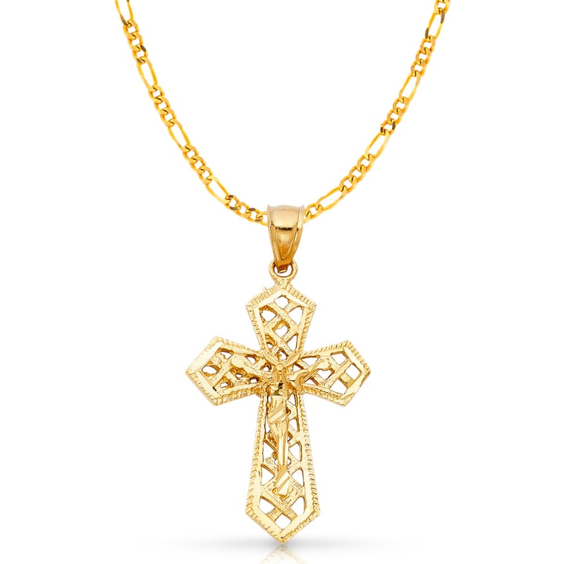 14K Gold Crucifix Charm Pendant With 3.1Mm Figaro 3+1 Chain Necklace