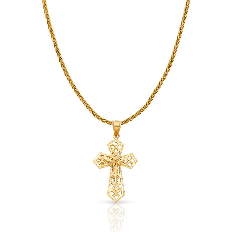 14K Gold Crucifix Charm Pendant With 1.4Mm Round Wheat Chain Necklace