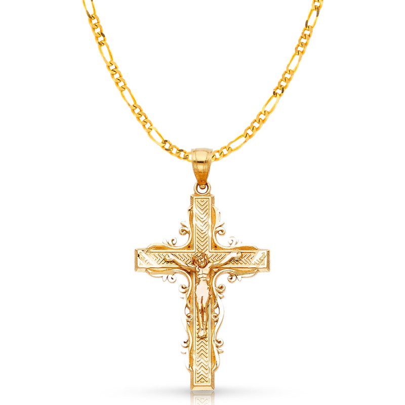 14K Gold Crucifix Charm Pendant With 3.1Mm Figaro 3+1 Chain Necklace