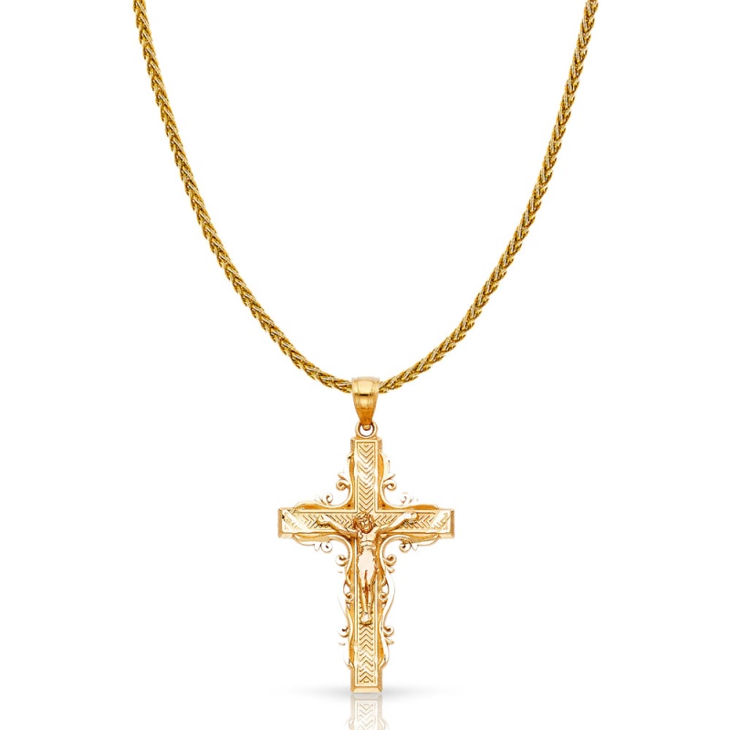 14K Gold Crucifix Charm Pendant With 1.4Mm Round Wheat Chain Necklace