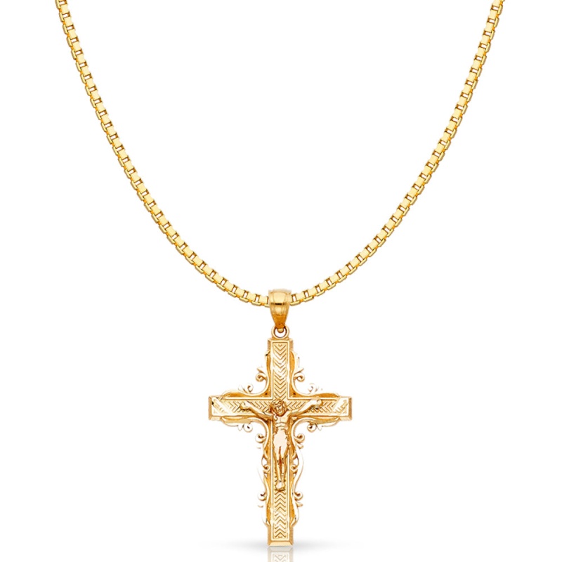 14K Gold Religious Crucifix Charm Pendant With 1.2Mm Box Chain Necklace