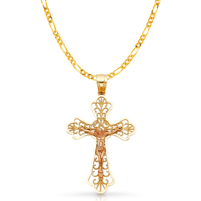 14K Gold Crucifix Charm Pendant With 3.1Mm Figaro 3+1 Chain Necklace