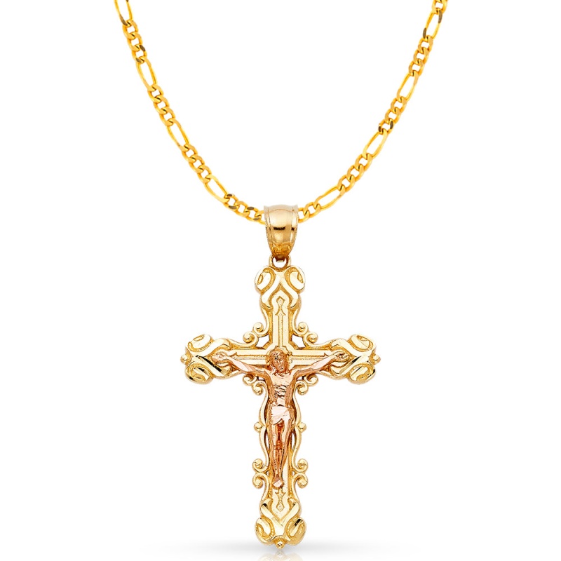 14K Gold Crucifix Charm Pendant With 3.1Mm Figaro 3+1 Chain Necklace
